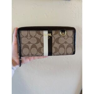 Coach Signature Zip Around Wallet Brown Tan Monogram Canvas Gold Horse Carriage